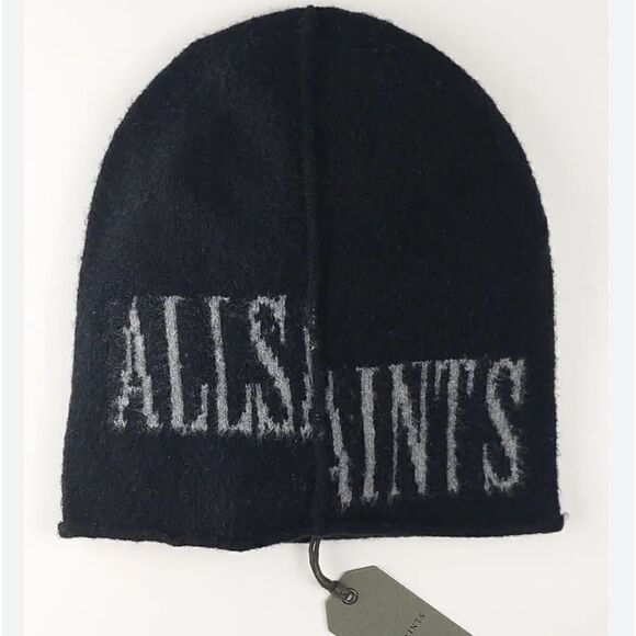 NWT ALLSAINTS KNIT DROP LOGO BEANIE HAT UNISEX OS BLACK WITH GRAY LOGO - Picture 1 of 6